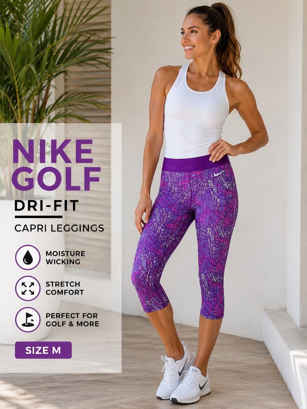 Nike Golf Dri-FIT Purple Geometric Capri Leggings Size M